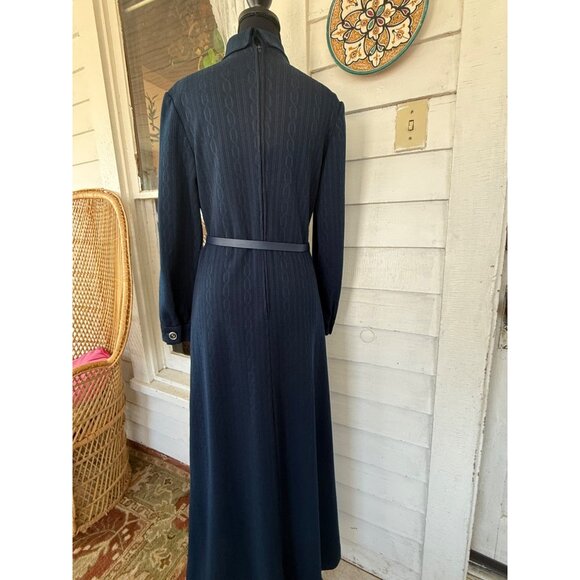Vintage 70's Navy Blue LeRok Korell Knit Maxi Dress With Belt Sz M - Picture 2 of 16